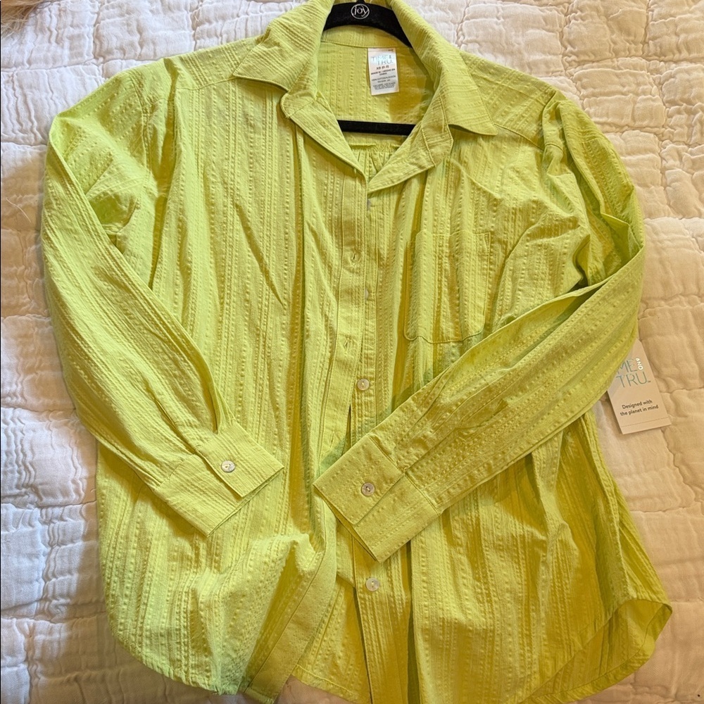 Time and Tru Bright Lime Green Textured Button-Down Shirt